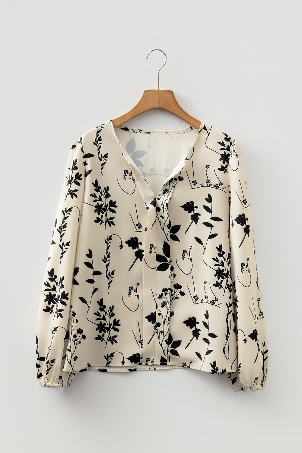 Premium Khaki Botanical Floral Print Split Neck Long Sleeve Blouse