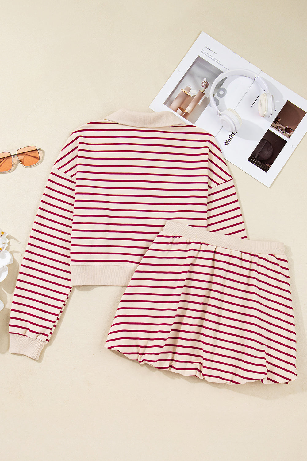Red Stripe Cropped Collared Pullover and Bubble Mini Skirt