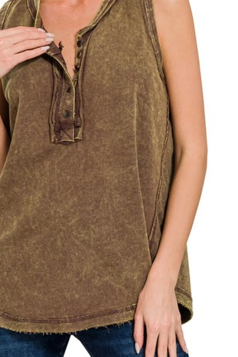 Zenana Washed Half-Button Raw Edge Sleeveless Henley Top - Love Salve