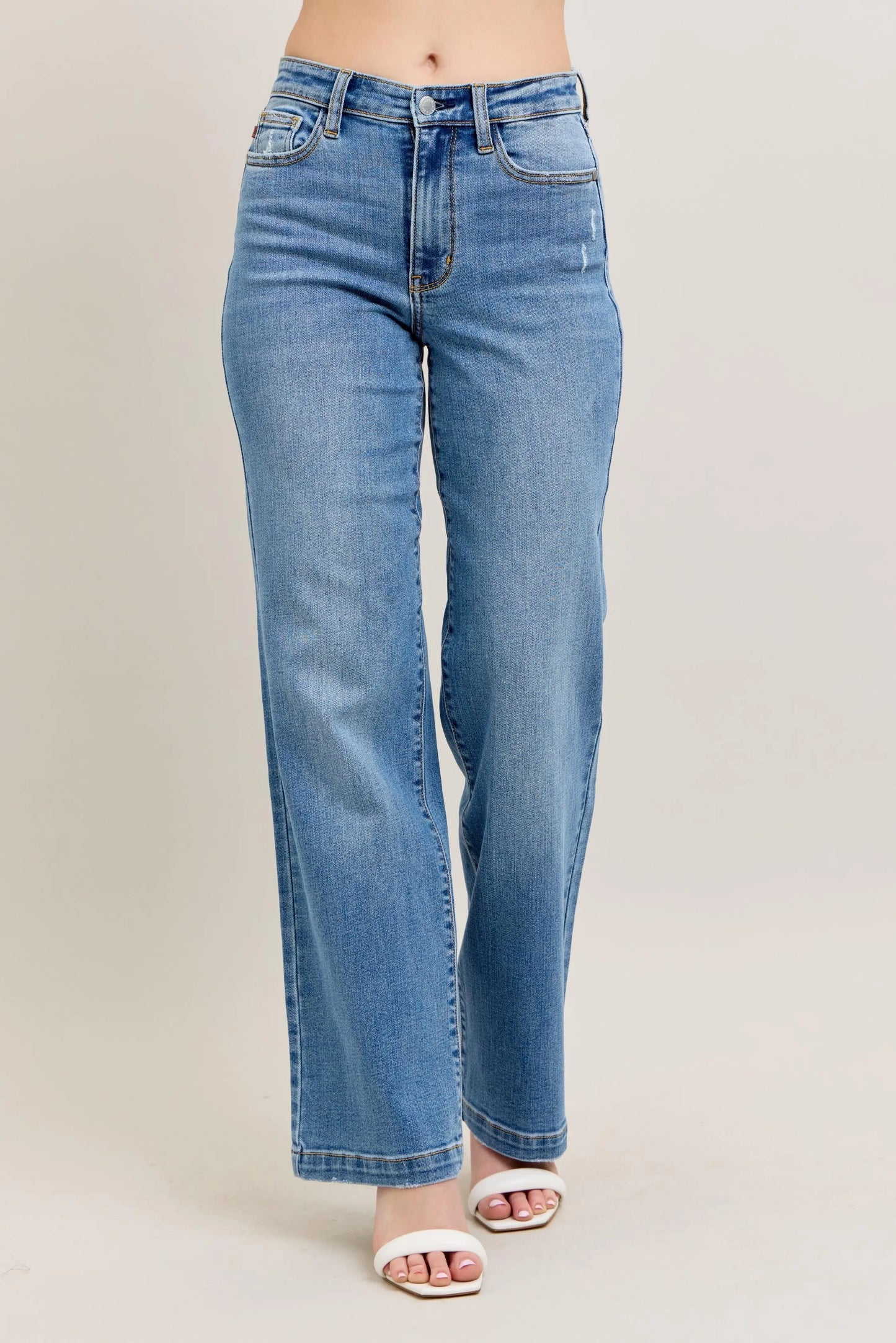 Judy Blue Plus Size High Waist Straight Leg Jeans in Medium Blue Wash - Love Salve