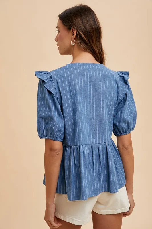 Annie Wear Stripe Front Bow Denim Peplum Blouse - Love Salve