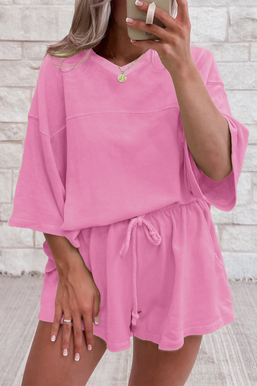 Bonbon Solid Loose V Neck Half Sleeve Tee and Shorts Set