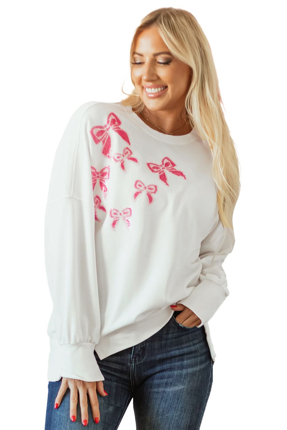 White Sequin Bowknot High Low Oversize Sweatshirt - Love Salve
