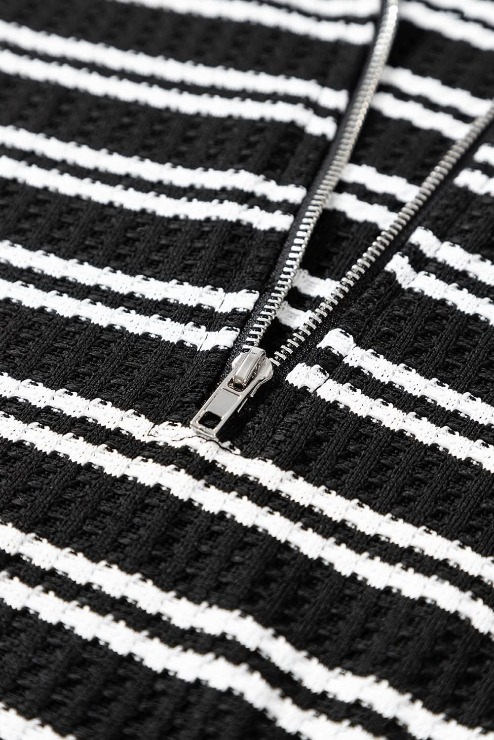 Black Stripe Textured Quarter Zip Collar Long Sleeve Top - Love Salve