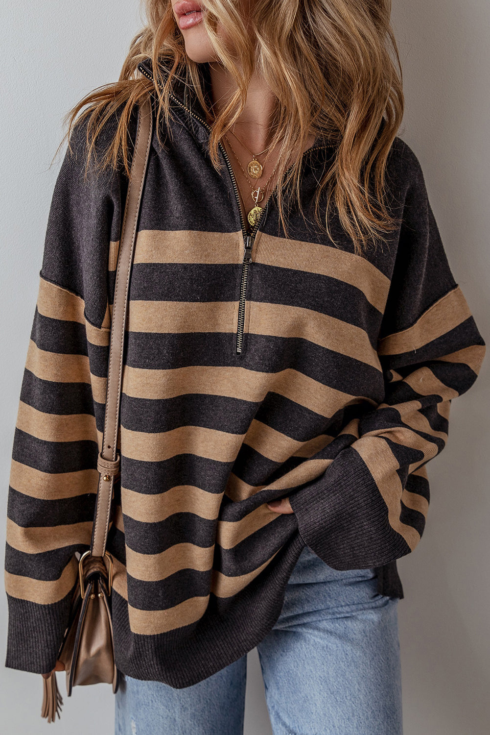 Adeline Stripe Oversized Sweater with Quarter Zipper - Love Salve