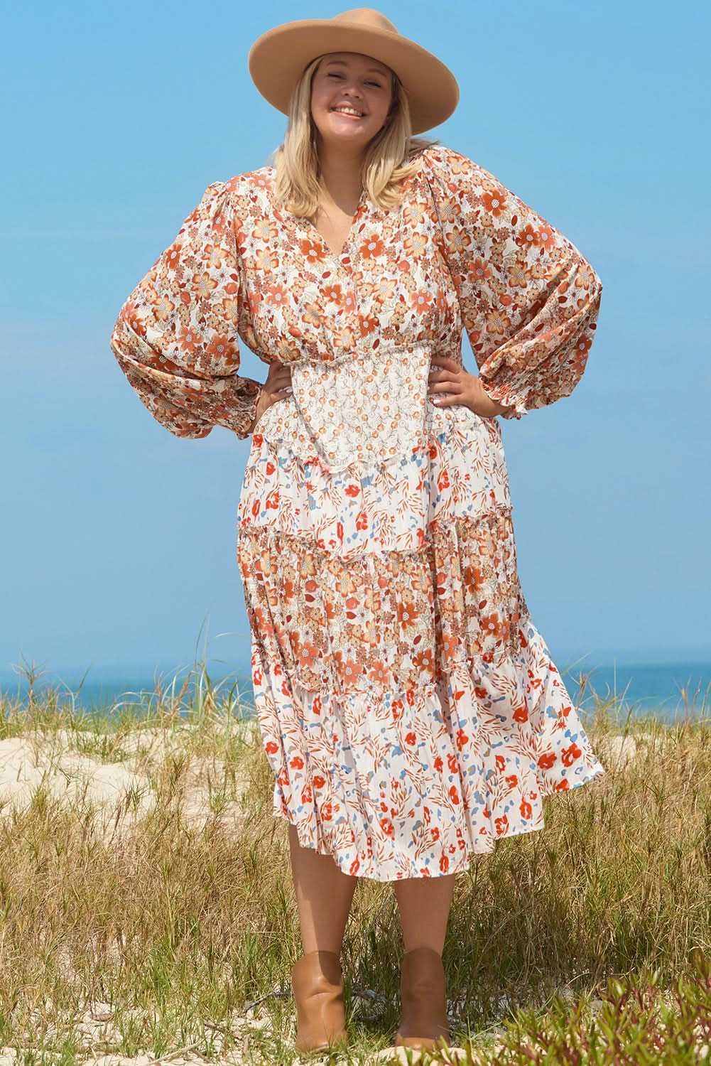 Khaki floral plus size maxi dress - Love Salve