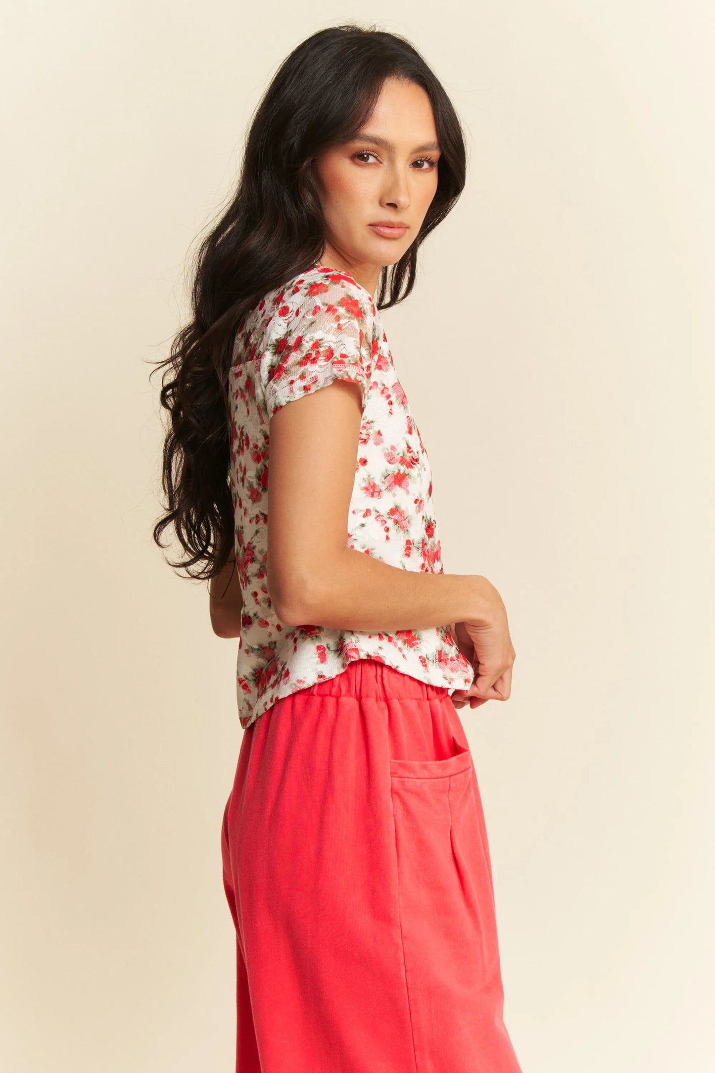Davi & Dani Ribbon Short Sleeve Layered Mesh Top - Love Salve