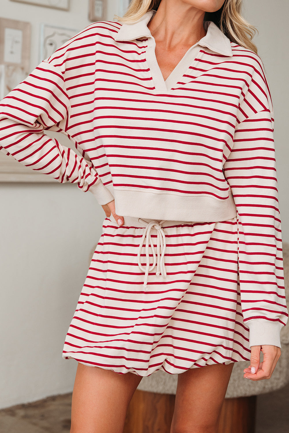 Red Stripe Cropped Collared Pullover and Bubble Mini Skirt