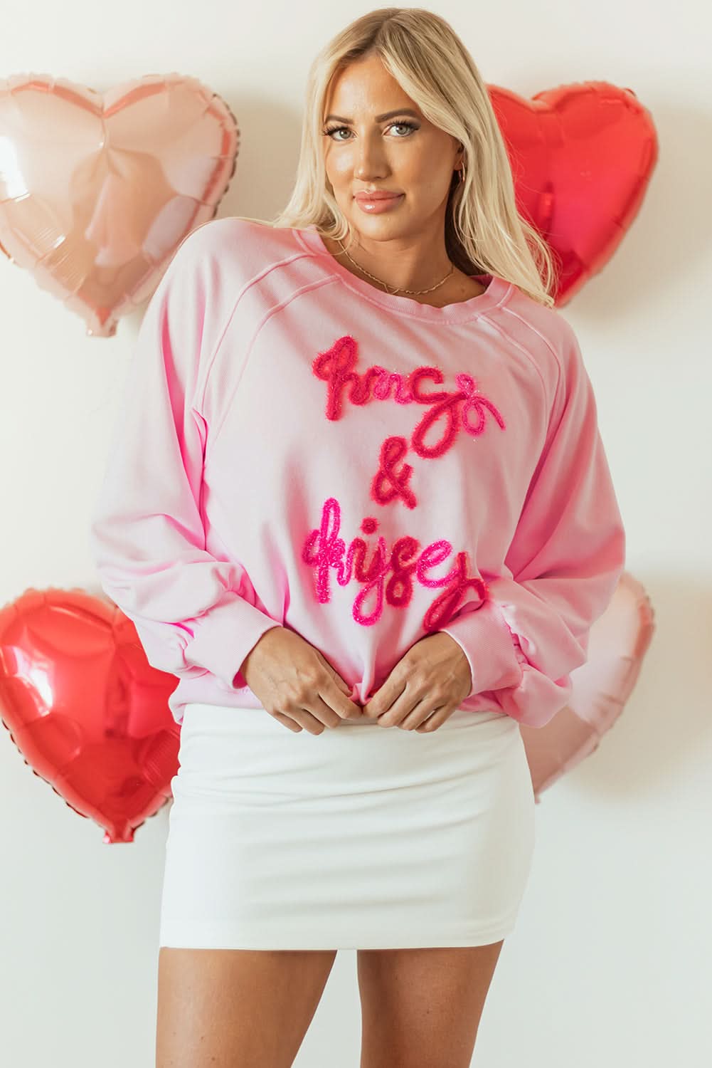 Pink Hugs and Kisses Pop Up Embroidered Raglan Sleeve Sweatshirt - Love Salve
