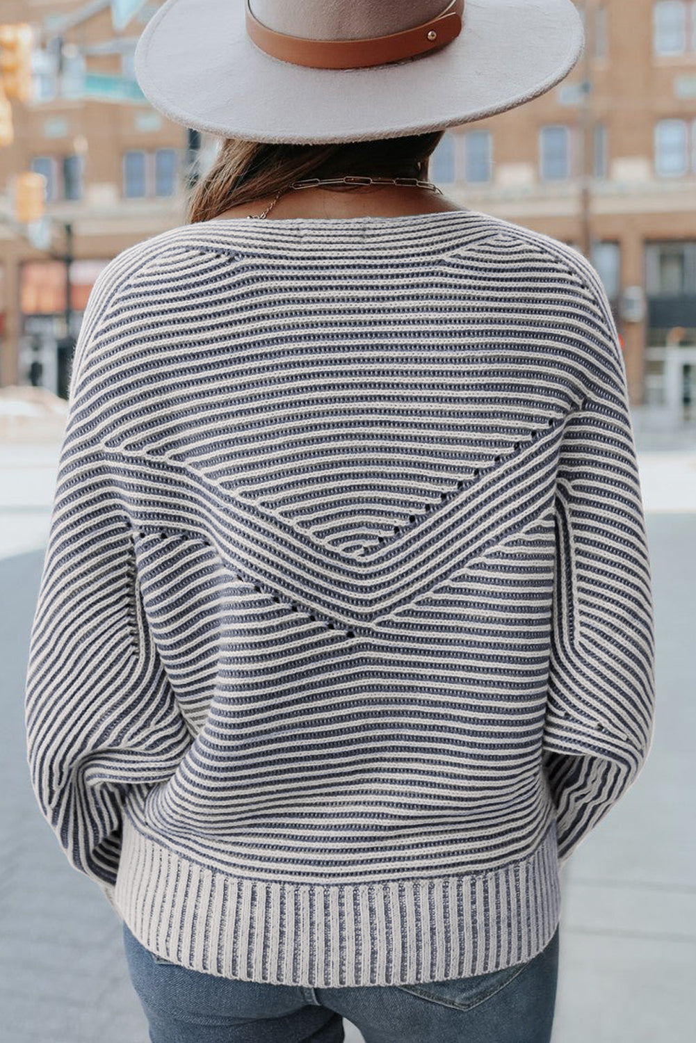 Ashleigh Blue Striped Ribbed Knit Baggy Boat Neck Sweater