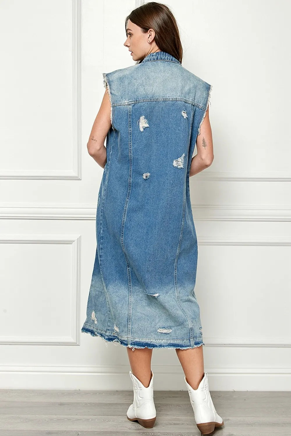 Veveret Full Size Distressed Sleeveless Longline Denim Jacket - Love Salve
