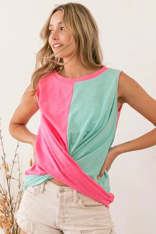 BiBi Slub Terry Color Block Twisted Top - Love Salve