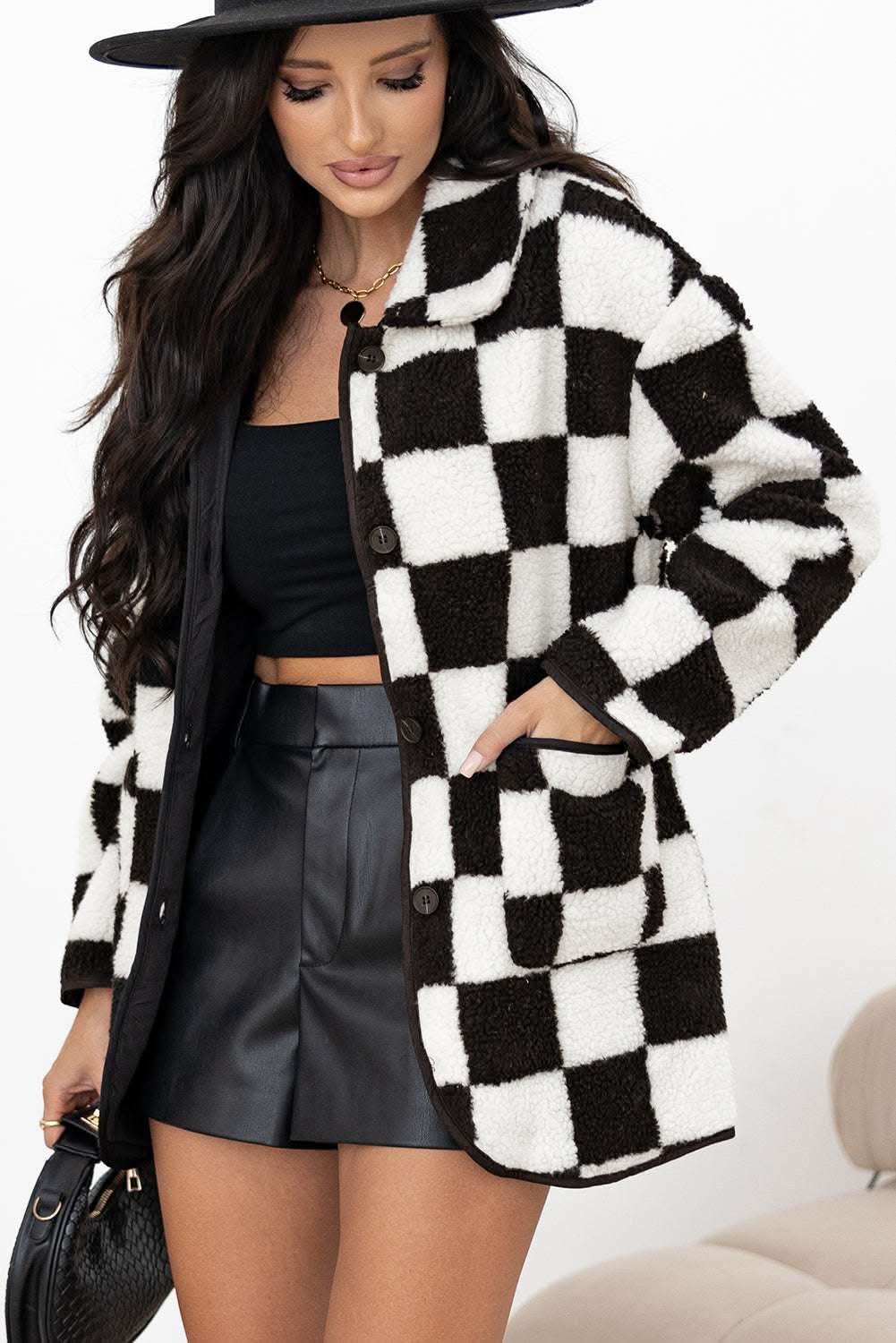 Black Checkered Side Pockets Collared Buttoned Fleece Jacket - Love Salve