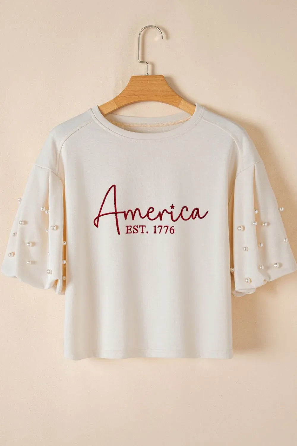 AMERICA EST 1776 Embroidered Pearl Beaded Sleeve T Shirt - Product image 7 by Simply Love