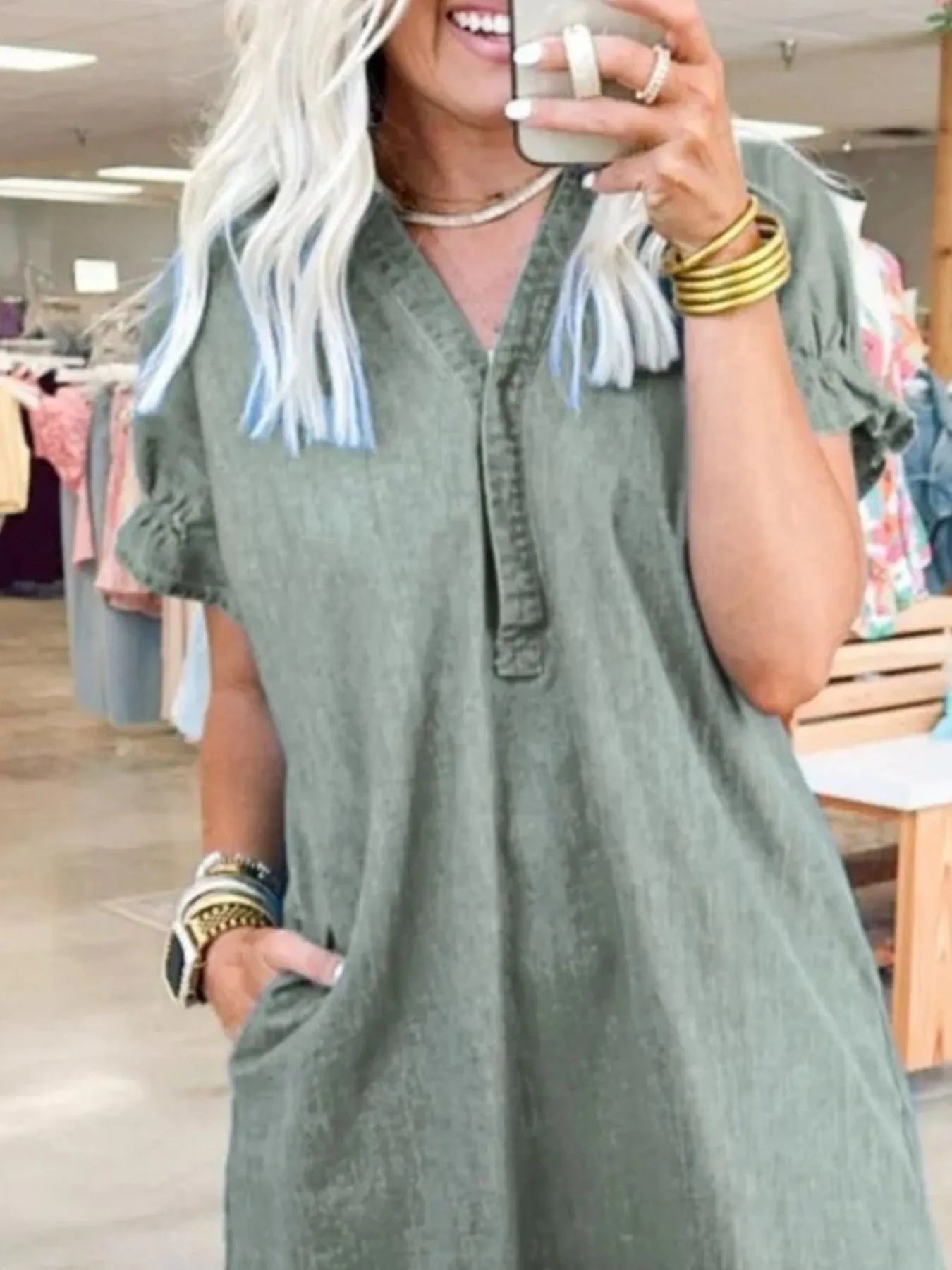 Full Size V-Neck Short Sleeve Denim Dress Plus Size