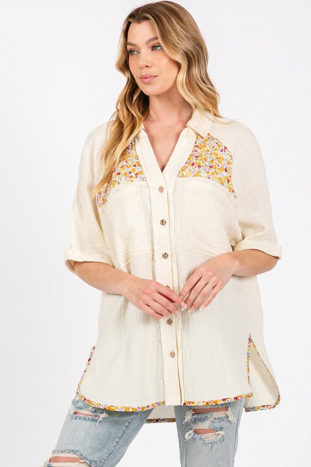 SAGE + FIG Full Size Floral Detail Button Up Short Sleeve Shirt - Love Salve