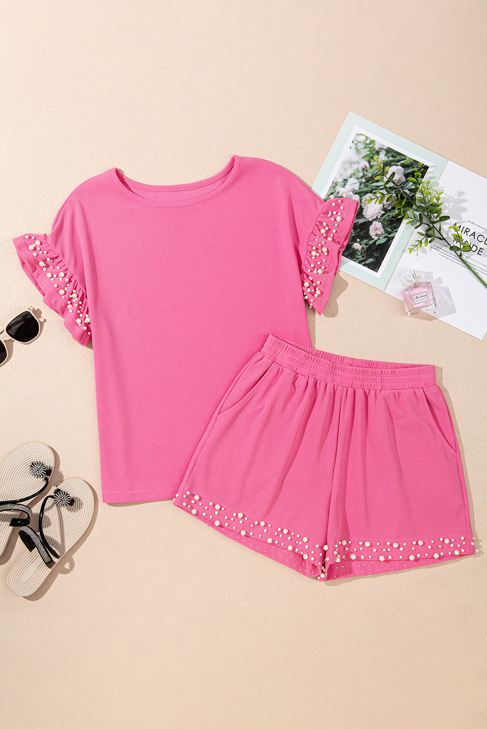 Bright Pink Textured Pearled Ruffle Sleeve Top Set