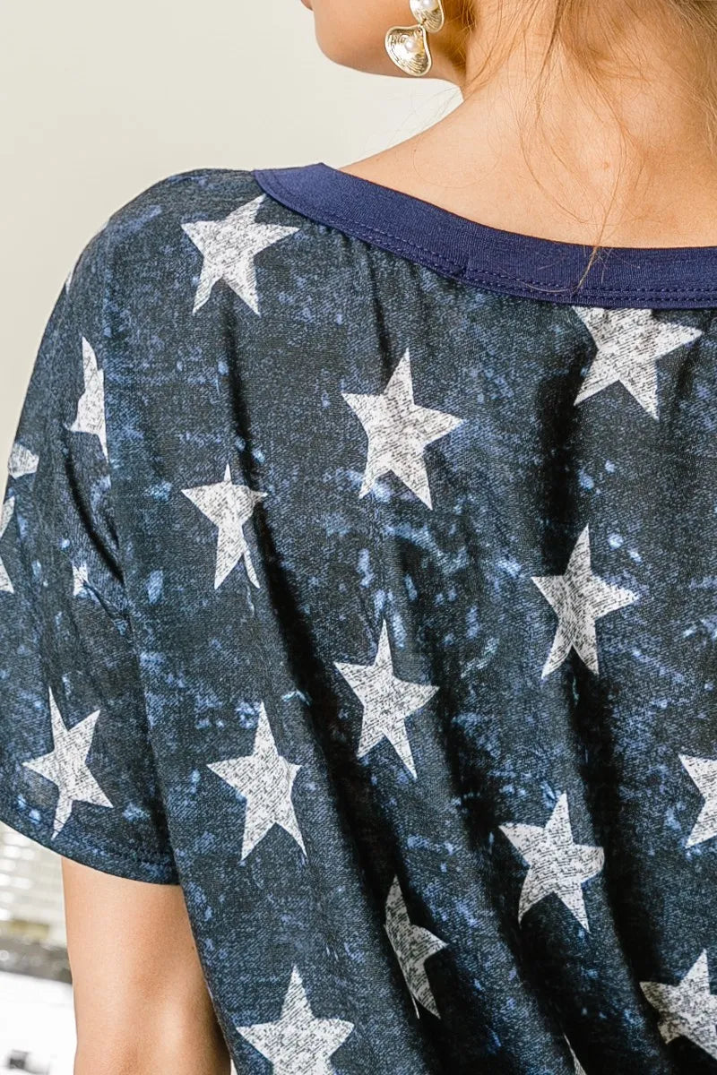 BiBi Vintage Star Print Top With Contrast Caged Neck - Love Salve