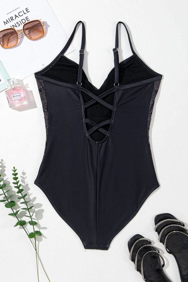 Elegant Black Floral Print One - Piece Swimwear with Crisscross Back - Love Salve