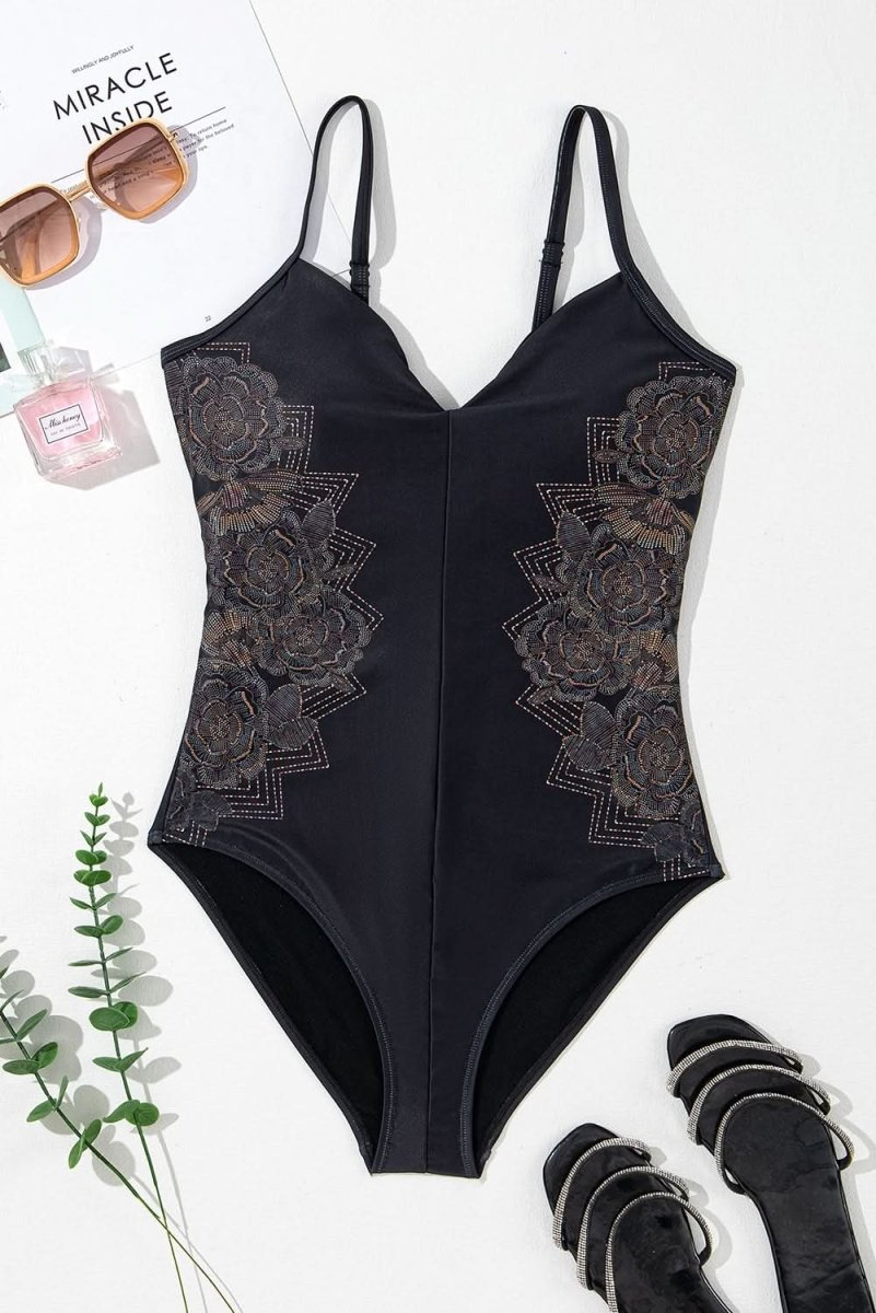 Elegant Black Floral Print One - Piece Swimwear with Crisscross Back - Love Salve
