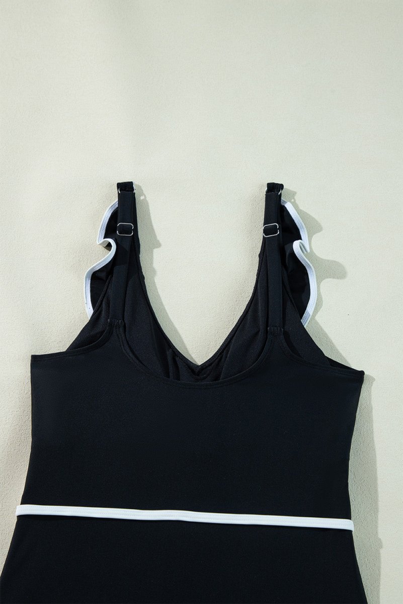 Elegant Black Ruffled V-Neck Wrap Swimsuit with Color Contrast - Love Salve
