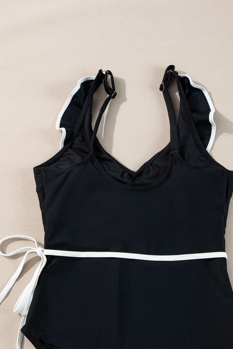Elegant Black Ruffled V-Neck Wrap Swimsuit with Color Contrast - Love Salve