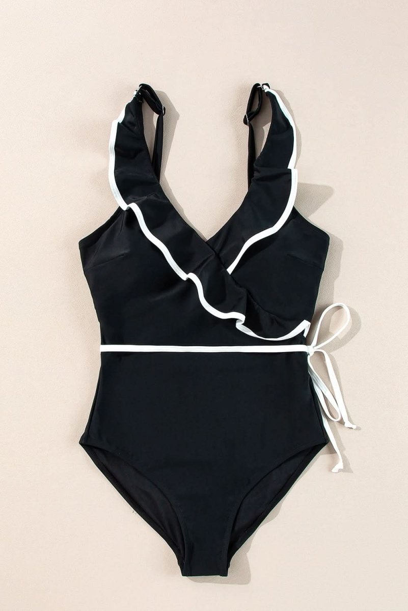Elegant Black Ruffled V-Neck Wrap Swimsuit with Color Contrast - Love Salve