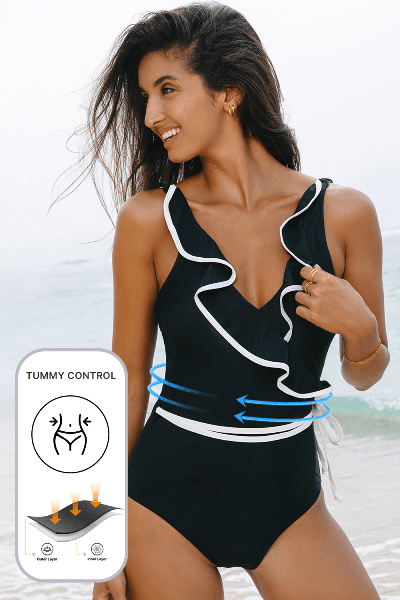 Elegant Black Ruffled V-Neck Wrap Swimsuit with Color Contrast - Love Salve