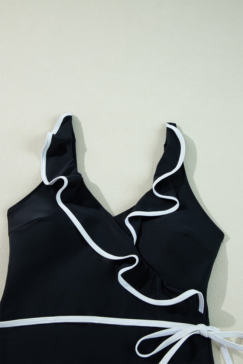 Elegant Black Ruffled V-Neck Wrap Swimsuit with Color Contrast - Love Salve