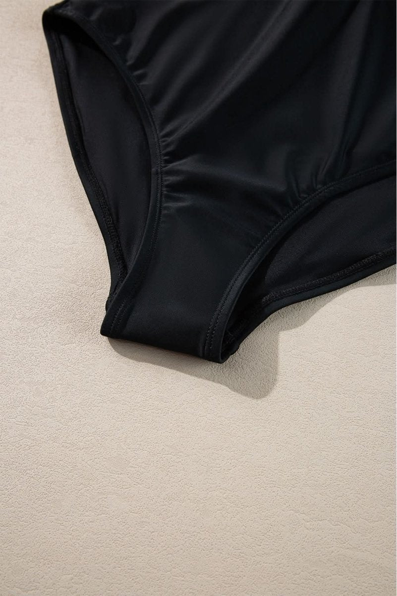 Elegant Black Ruffled V-Neck Wrap Swimsuit with Color Contrast - Love Salve