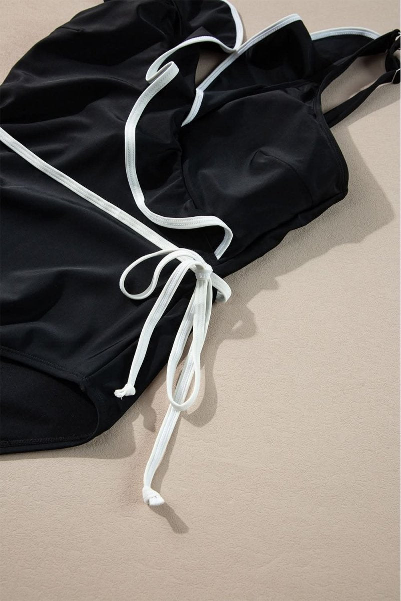 Elegant Black Ruffled V-Neck Wrap Swimsuit with Color Contrast - Love Salve