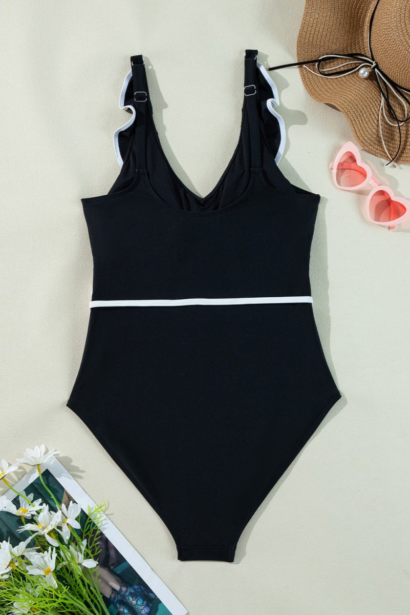 Elegant Black Ruffled V-Neck Wrap Swimsuit with Color Contrast - Love Salve