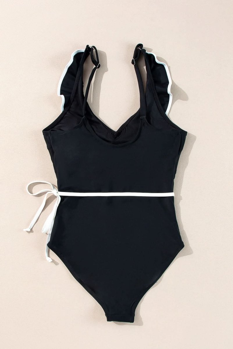 Elegant Black Ruffled V-Neck Wrap Swimsuit with Color Contrast - Love Salve