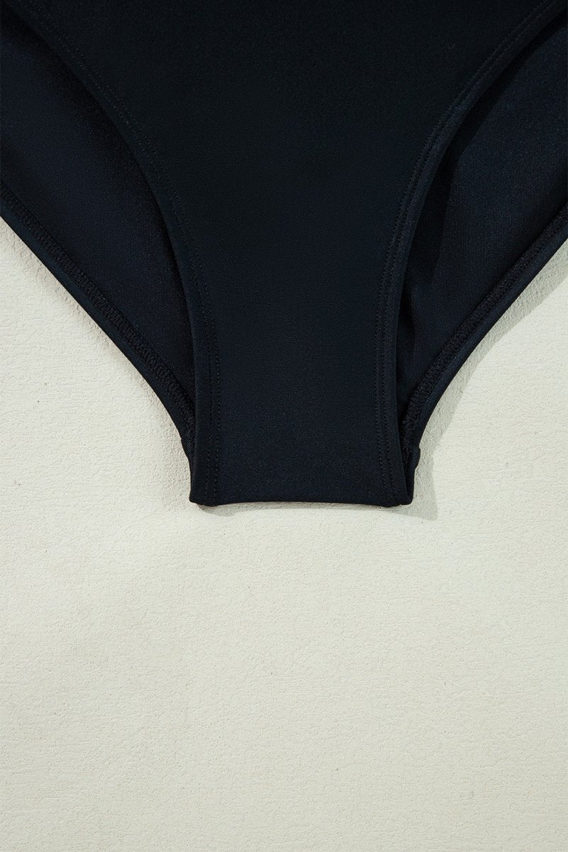 Elegant Black Ruffled V-Neck Wrap Swimsuit with Color Contrast - Love Salve
