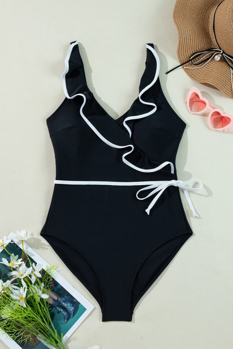 Elegant Black Ruffled V-Neck Wrap Swimsuit with Color Contrast - Love Salve