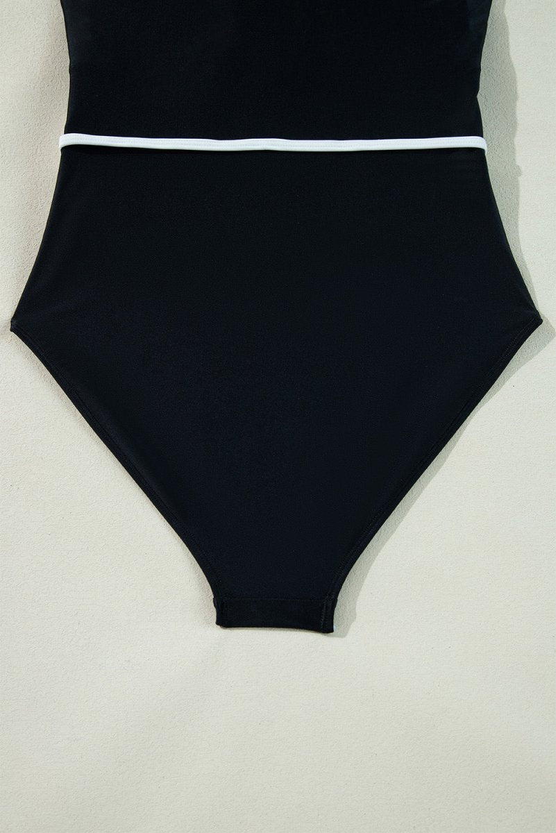 Elegant Black Ruffled V-Neck Wrap Swimsuit with Color Contrast - Love Salve