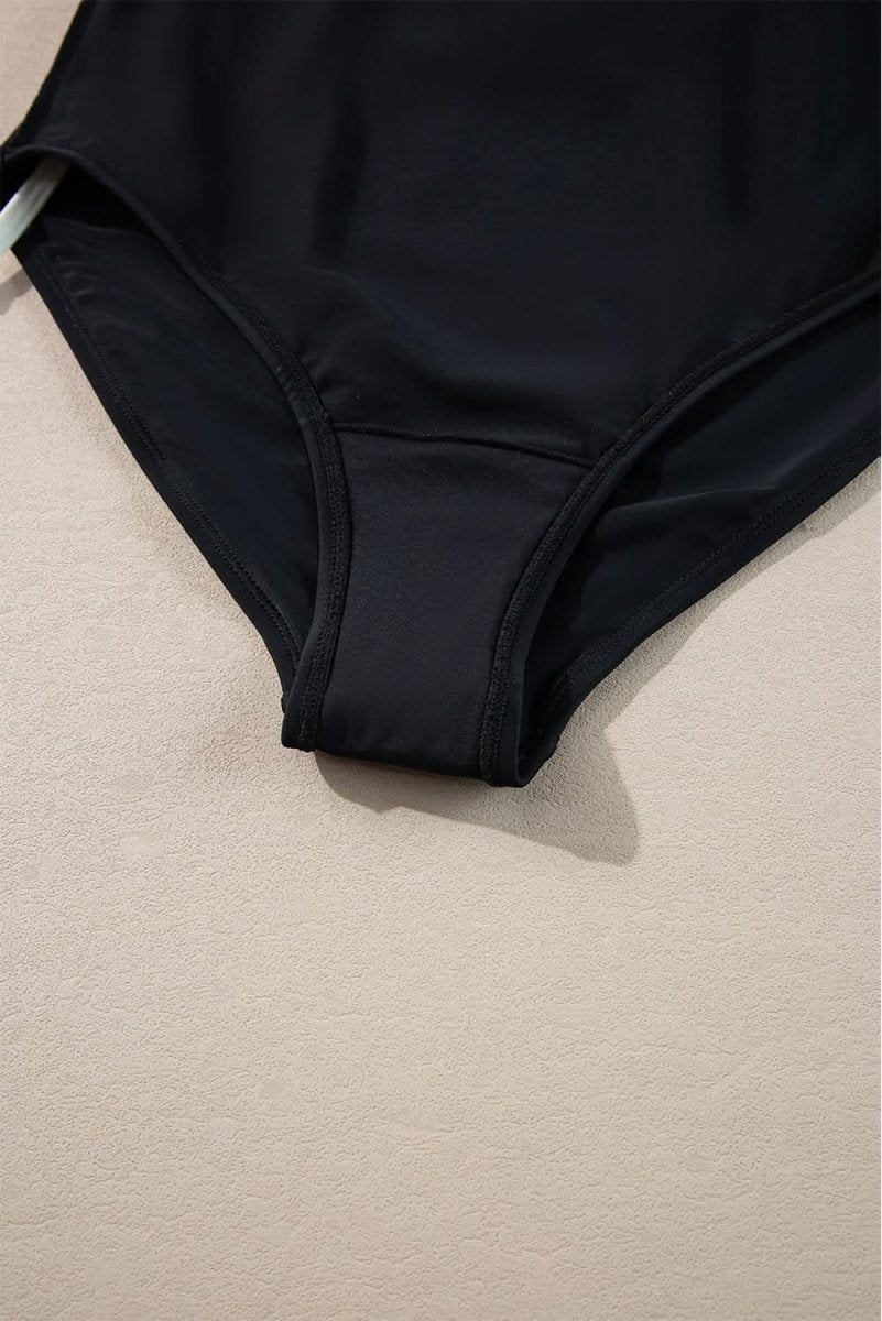 Elegant Black Ruffled V-Neck Wrap Swimsuit with Color Contrast - Love Salve