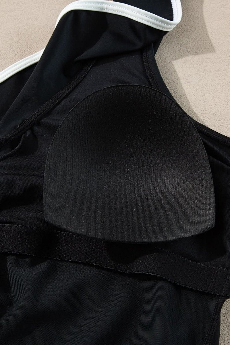 Elegant Black Ruffled V-Neck Wrap Swimsuit with Color Contrast - Love Salve