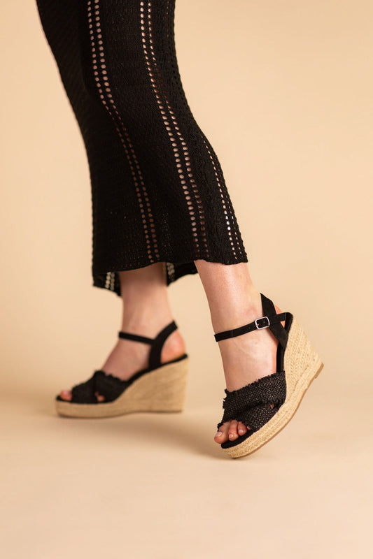 Elinor Black Wedge Sandals Ankle Strap 3 Point 5 Inch Heel Naughty Monkey