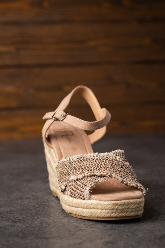 Elinor Wedge Taupe Ankle Strap Sandal 3.5 Inch Heel Naughty Monkey