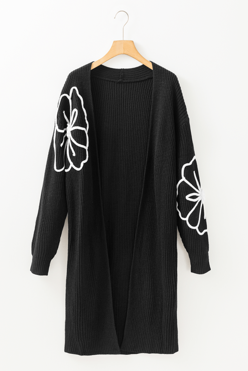 Embroidered Black Floral Drop Shoulder Duster Cardigan with Open Front - Love Salve