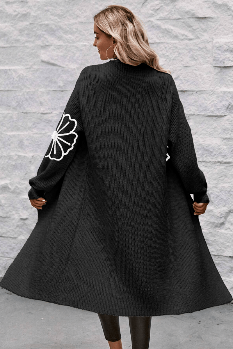 Embroidered Black Floral Drop Shoulder Duster Cardigan with Open Front - Love Salve