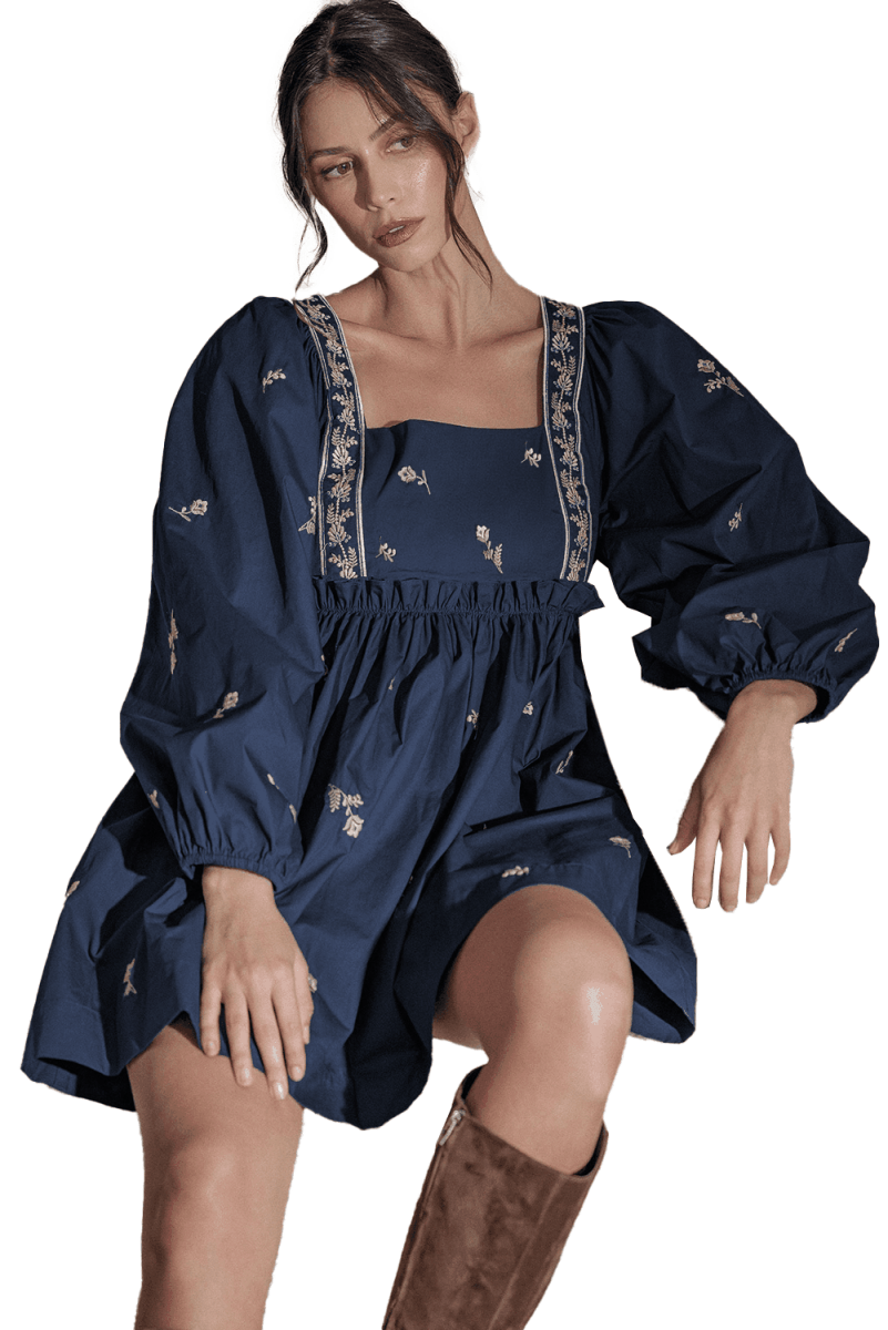 Embroidered Blue Floral Mini Dress with Puff Sleeves and Ruffled Hem - Love Salve