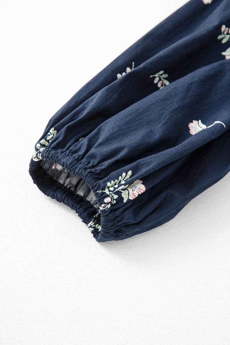 Embroidered Blue Floral Mini Dress with Puff Sleeves and Ruffled Hem - Love Salve