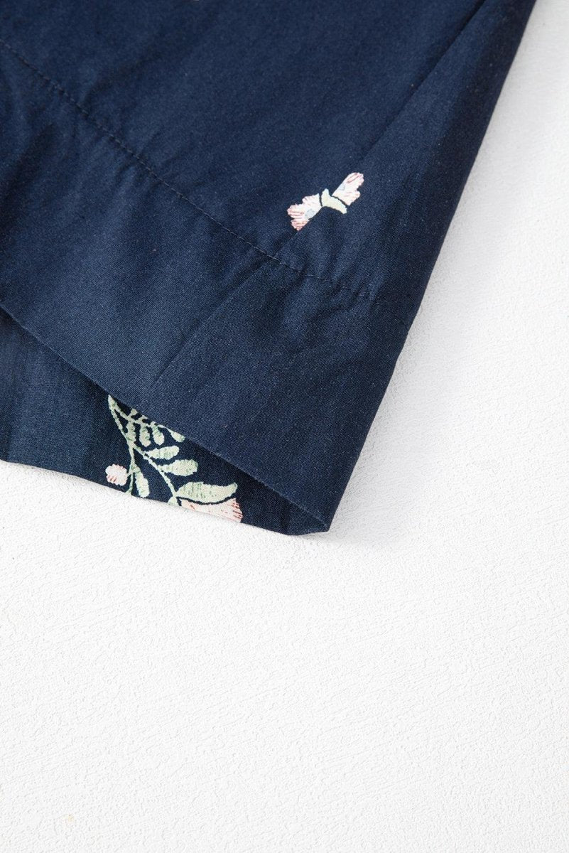 Embroidered Blue Floral Mini Dress with Puff Sleeves and Ruffled Hem - Love Salve