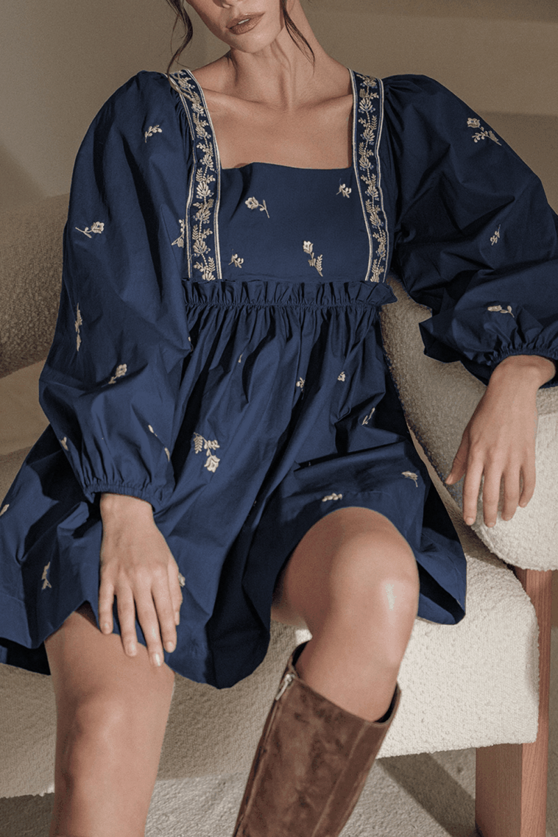 Embroidered Blue Floral Mini Dress with Puff Sleeves and Ruffled Hem - Love Salve