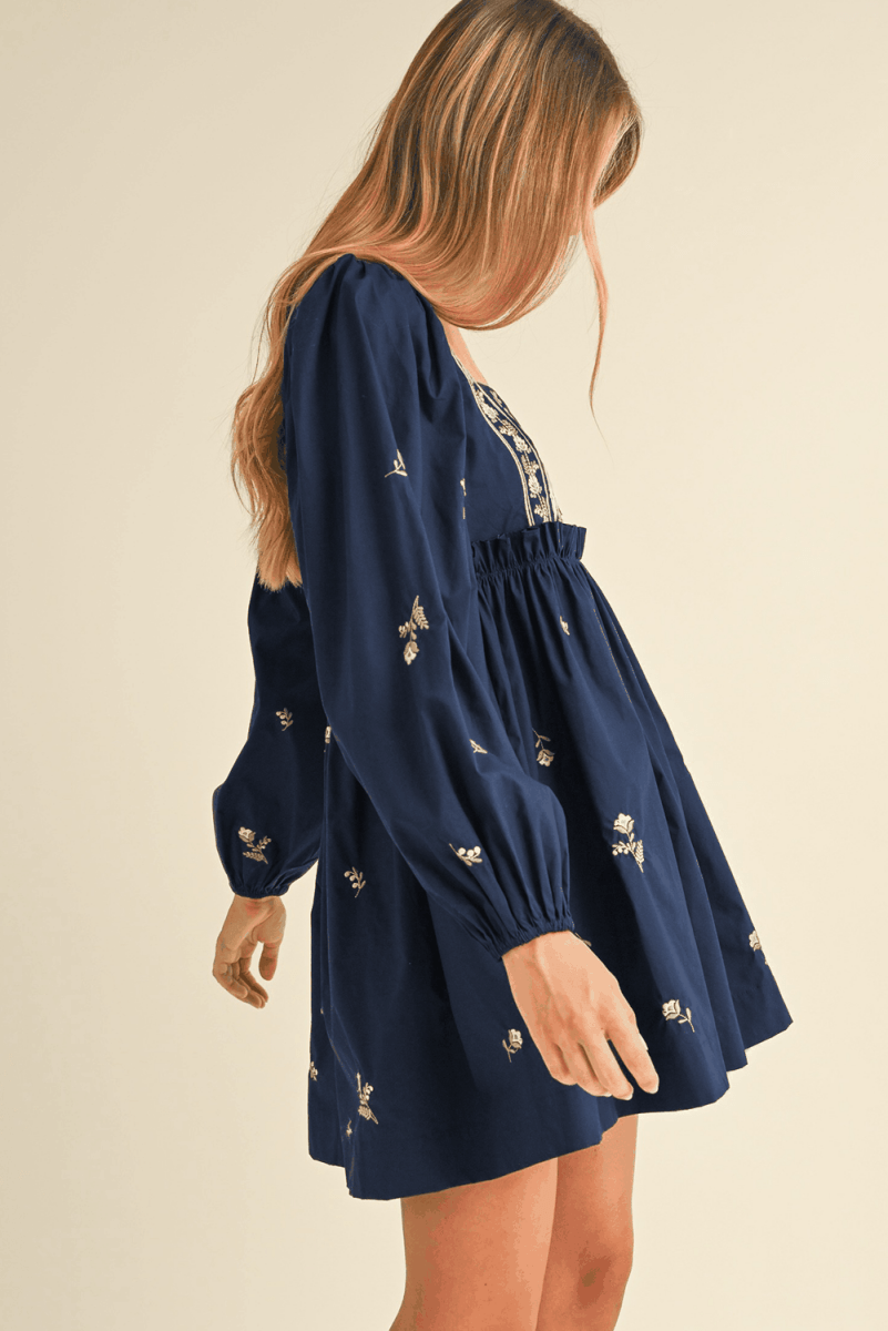 Embroidered Blue Floral Mini Dress with Puff Sleeves and Ruffled Hem - Love Salve