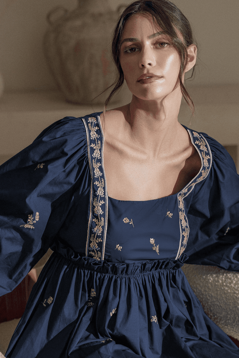 Embroidered Blue Floral Mini Dress with Puff Sleeves and Ruffled Hem - Love Salve