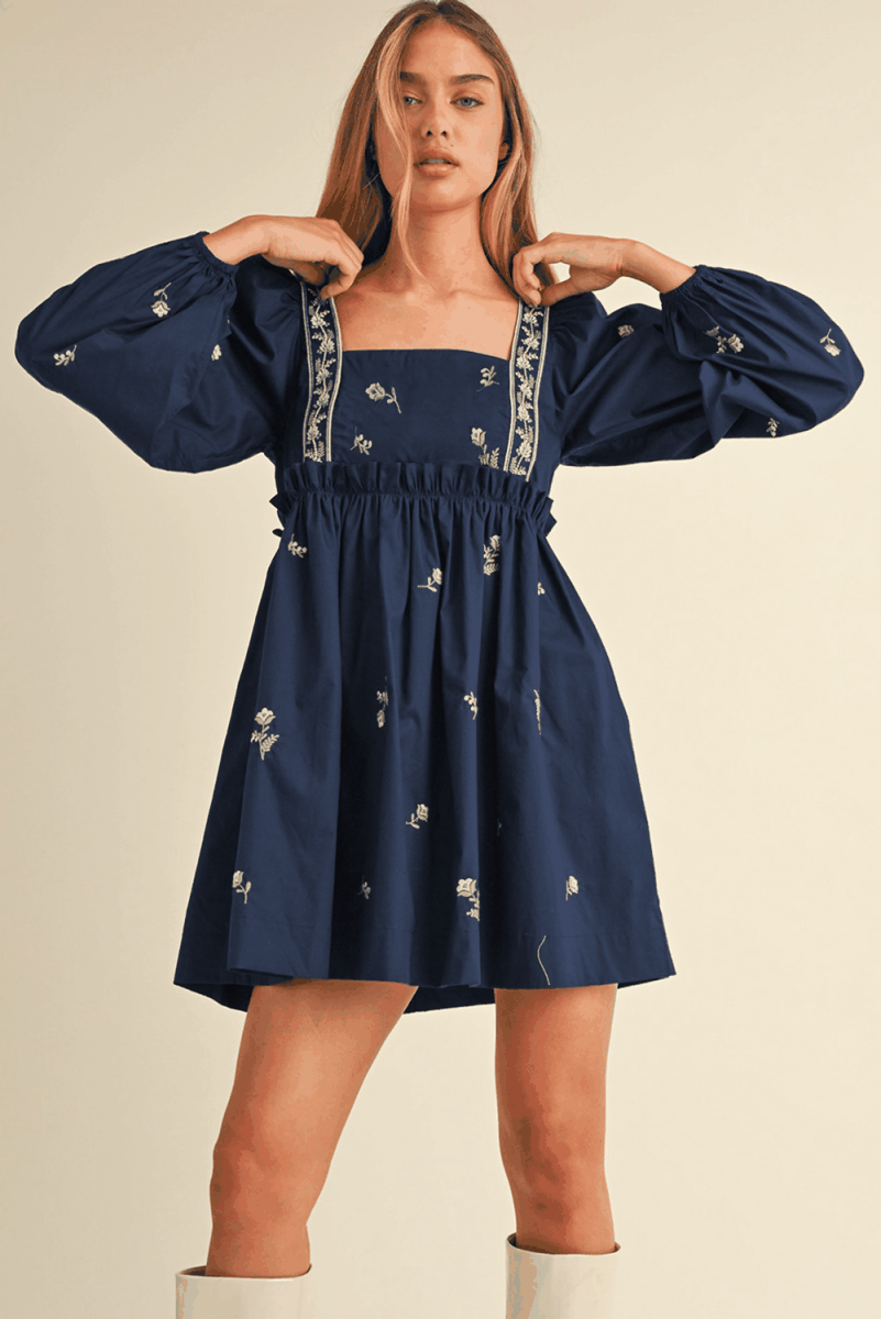Embroidered Blue Floral Mini Dress with Puff Sleeves and Ruffled Hem - Love Salve