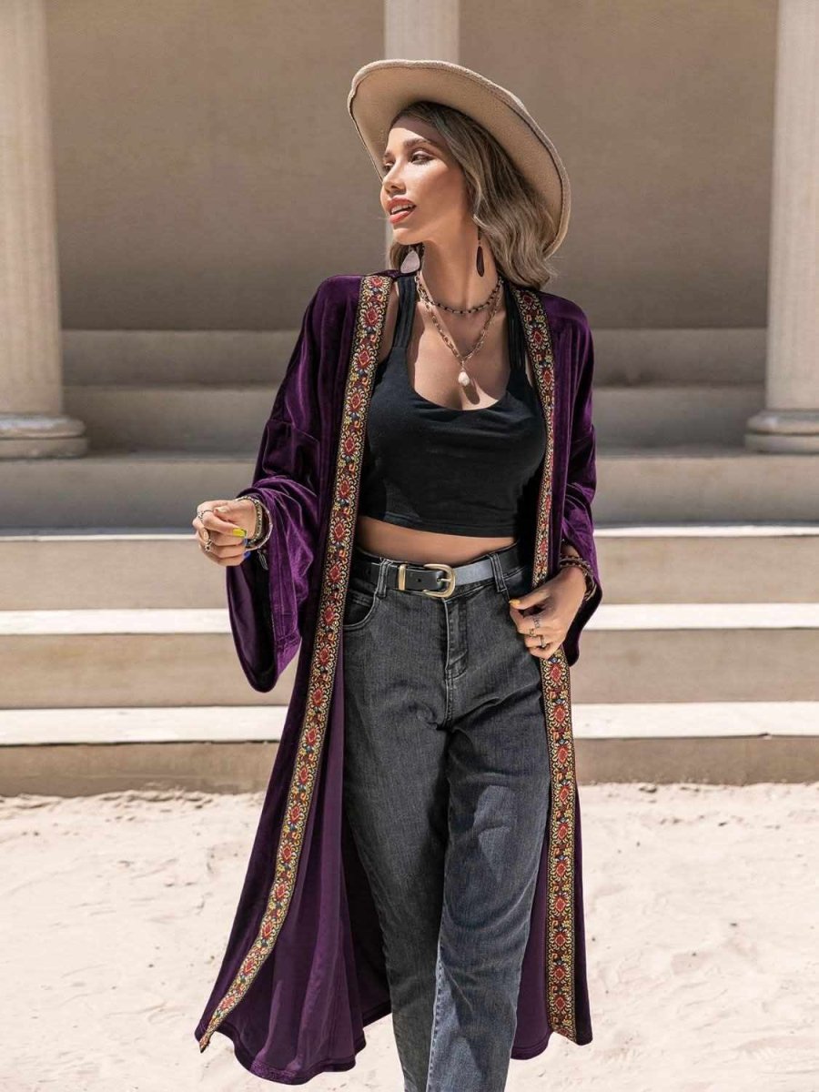 Embroidered Open Front Long Sleeve Cardigan - Love Salve